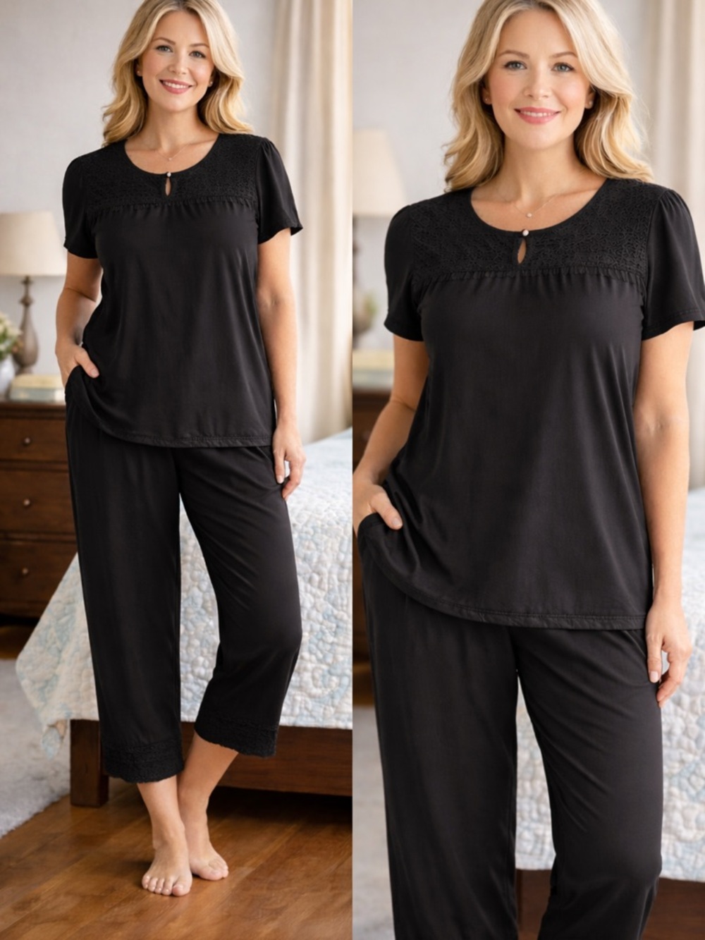 Anthony Richards 2 Piece Set Women LP Black Rayon Lounge Outfit Top & Pants